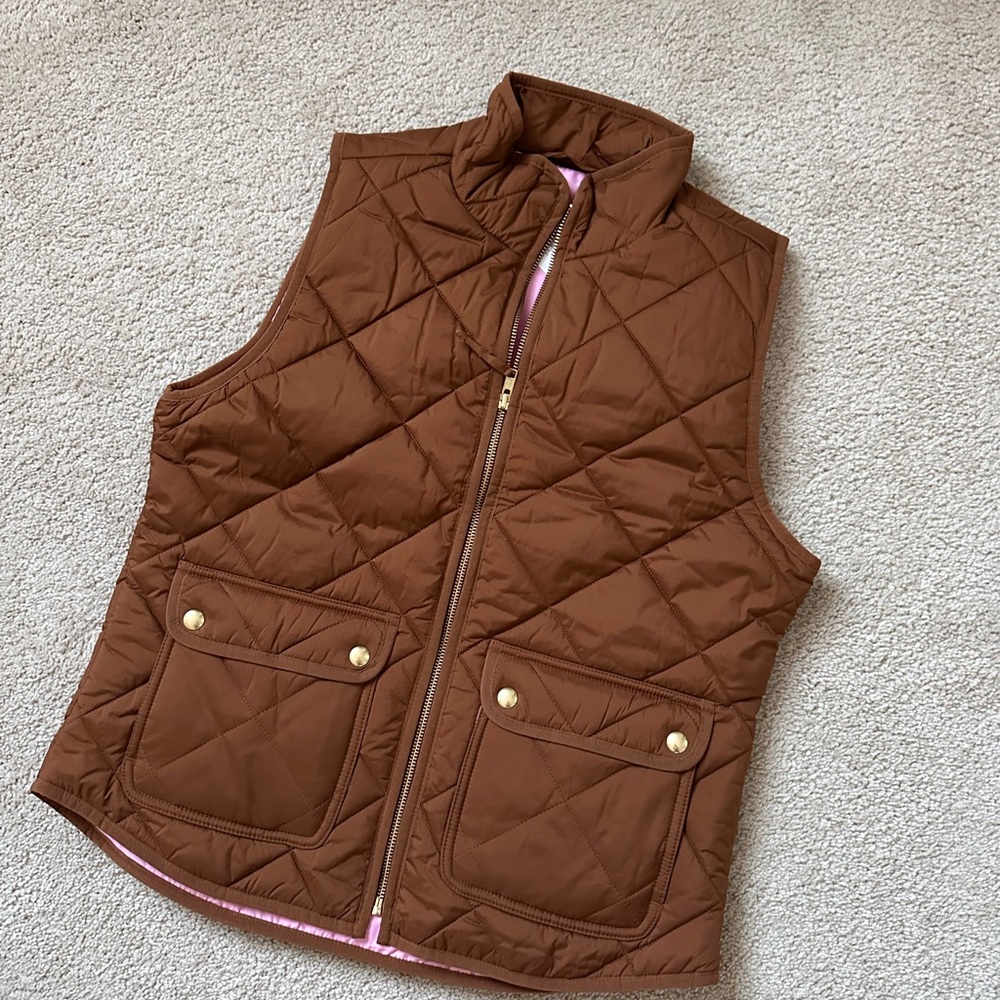 J. Crew Brown Quilted Vest with Pink Lining